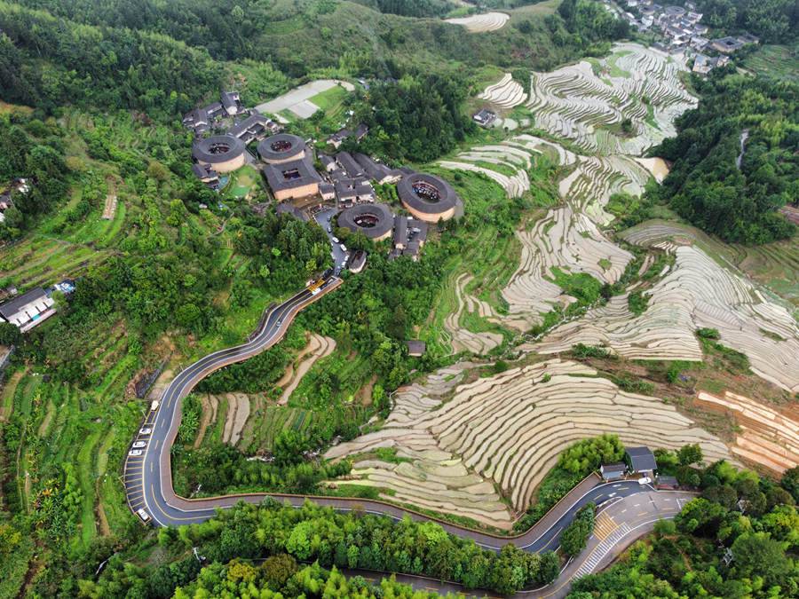 一塊塊水田錯(cuò)落分布，宛若大地指紋，與世遺土樓一同勾勒出一幅美麗的鄉(xiāng)土田園畫(huà)卷。南靖縣融媒體中心供圖